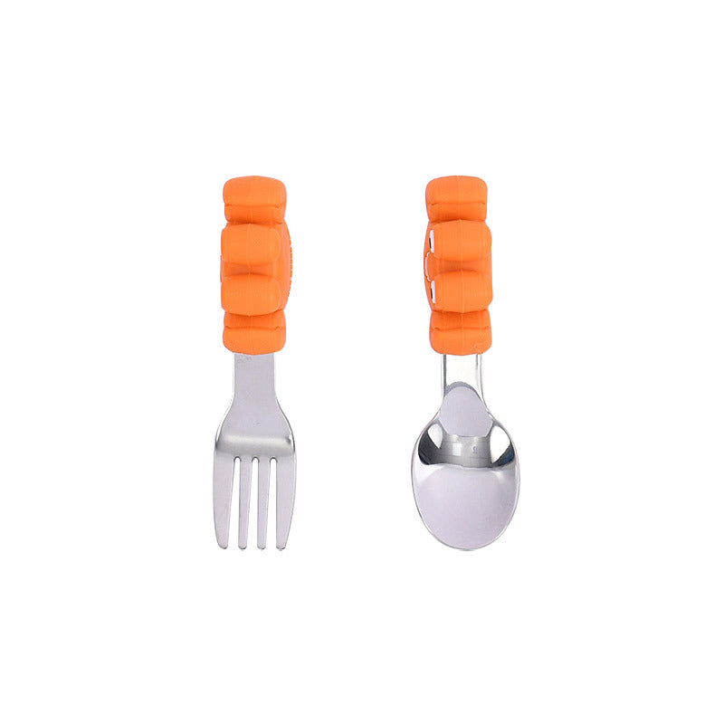 Customized drop-resistant eating short-handled fork and spoon silicone 316 stainless steel simple and cute children's complementary food spoon tableware set