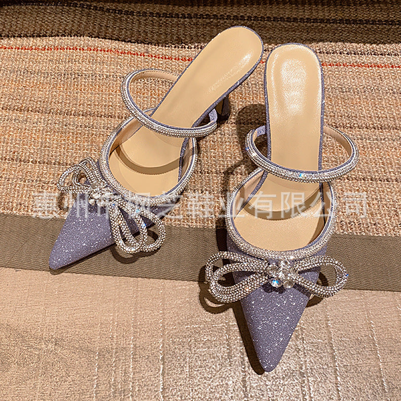 European and american style white label one-piece high-heeled slippers, stiletto heel, bow, rhinestone, cross-border half slippers, pointed toe, one-leg custom