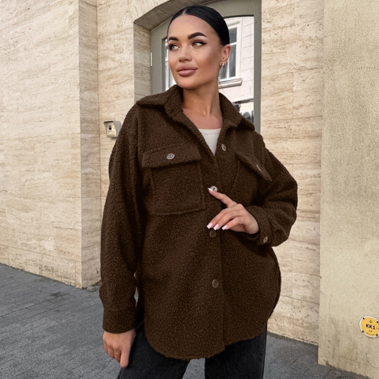 Cross-border autumn and winter new fleece jacket women's high-end classic basic versatile long-sleeved lapel loose cardigan