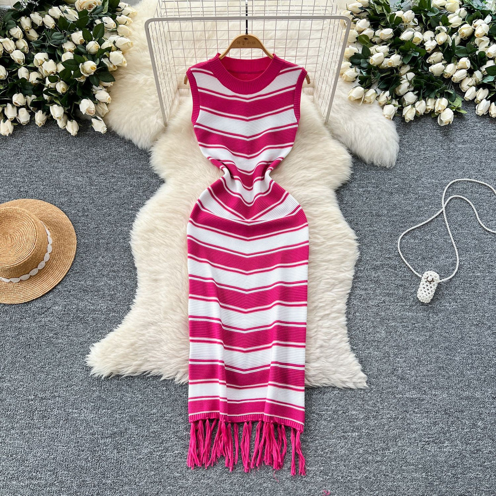 Goddess style elegantsilm round neck sleeveless color block stripesknittingdress women's summer tight hip tassel skirt