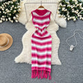 Goddess style elegantsilm round neck sleeveless color block stripesknittingdress women's summer tight hip tassel skirt
