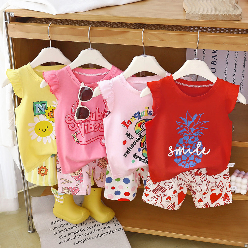 Kids' tank top set - summer new arrival: pure cotton girls' shorts outfit, korean style sleeveless set for baby boys and girls