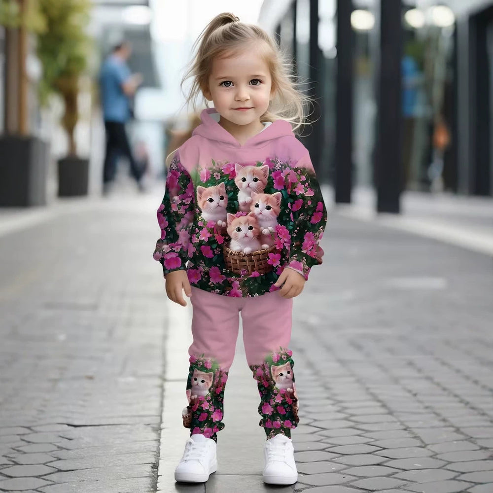 Kids' hoodie set, cross-border hot-selling cartoon animal print girls' fashion hooded sweatshirt and sweatpants set
