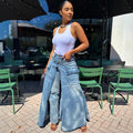 European and american style faux two-piece denim skirt jeans -  cross-border women's fashion streetwear trendy symmetrical slit jeans