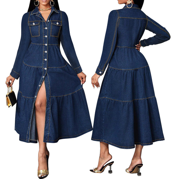 F218620  European and American popular simple and elegant cardigan long-sleeved long denim dress factory direct sales