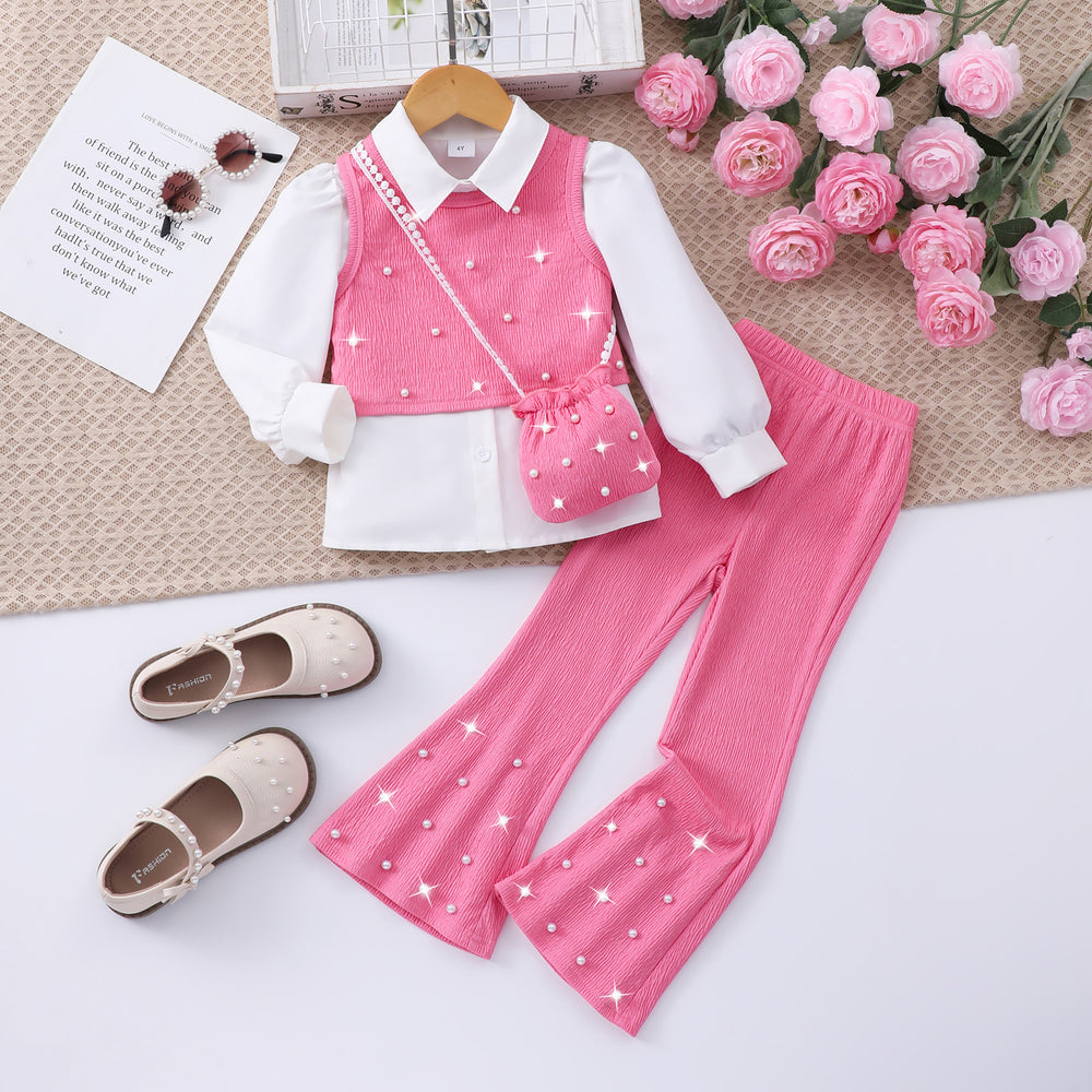 Girls' two-piece set (toddler): long-sleeve shirt + vest + pants + bag (four-piece set)