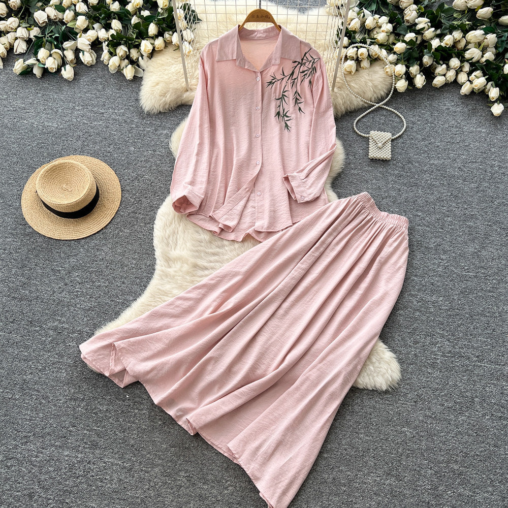 Gentle and lazy style stereo flower embroiderlong sleevesshirt suspender skirttwo-piece setfemaleautumslimming lookelegant