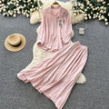 Gentle and lazy style stereo flower embroiderlong sleevesshirt suspender skirttwo-piece setfemaleautumslimming lookelegant