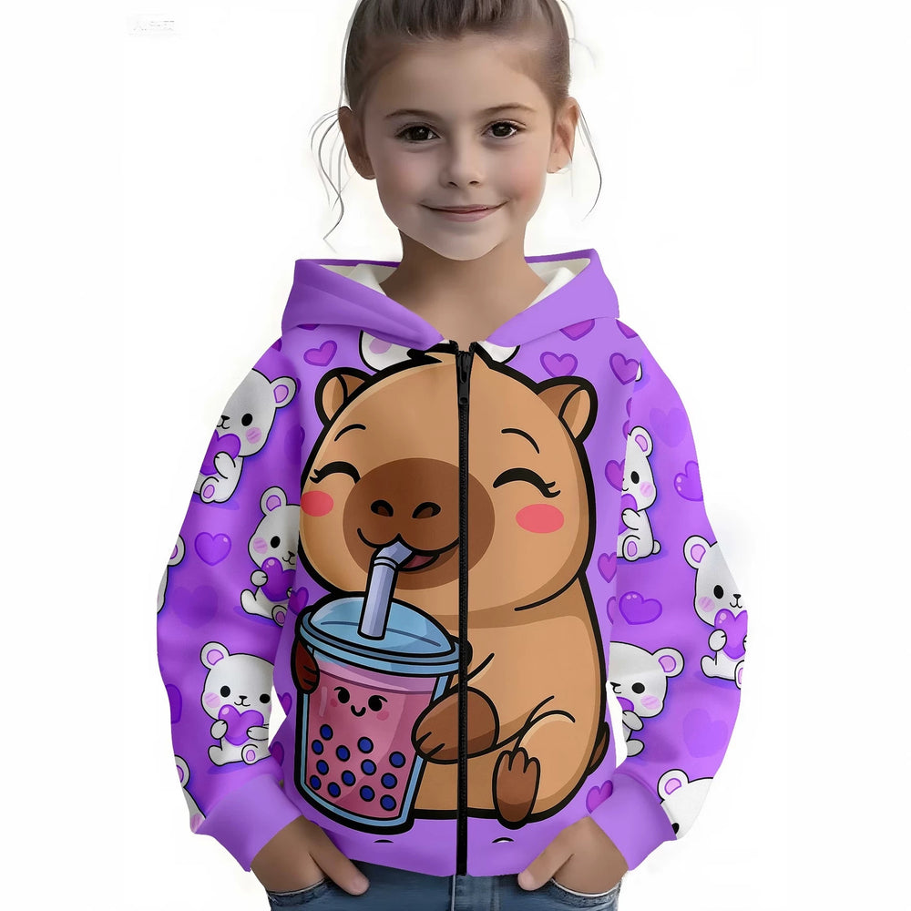 Kids' hoodie jacket, cross-border hot seller: cute cartoon print fashion zip-up hoodie for girls, dropshipping available