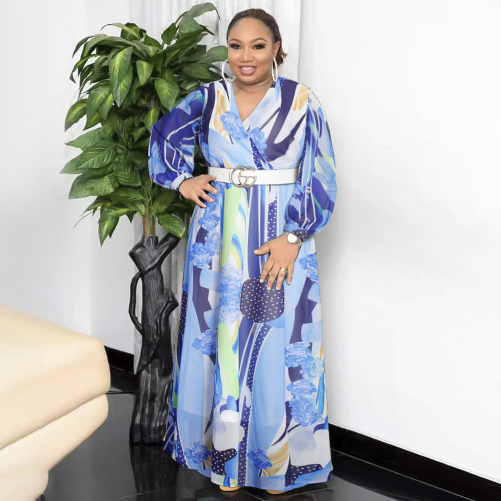 African plus sizeexportnew arrival women's chiffon   v neckprinting large swing long sleevesdress