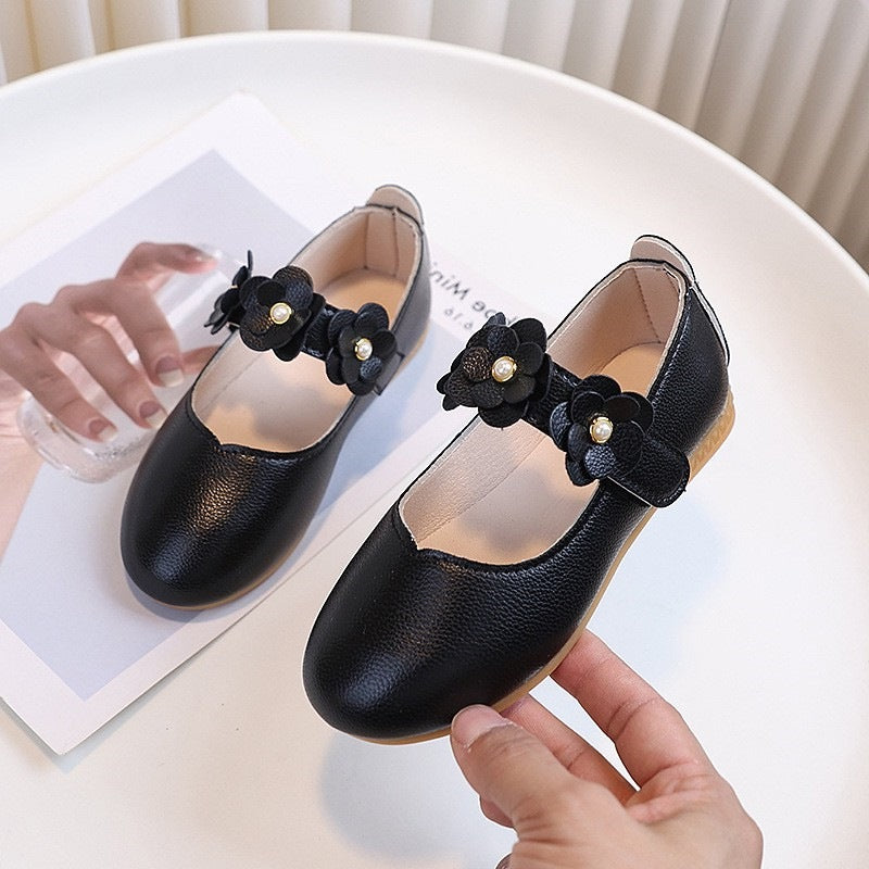 Girls' black leather shoes, toddler and children's performance shoes, white student flats, formal flower girl shoes, school shoes with rubber soles