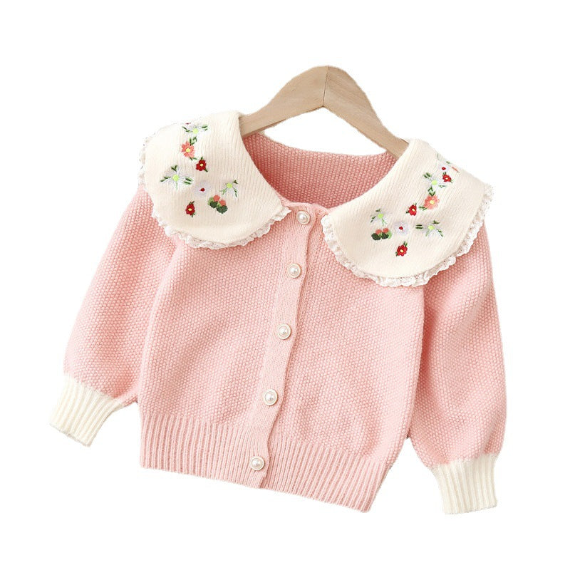 Girls' cardigan sweater, children's knitwear,  autumn/winter new arrival, turn-down collar embroidered girl's outerwear, little girl's top
