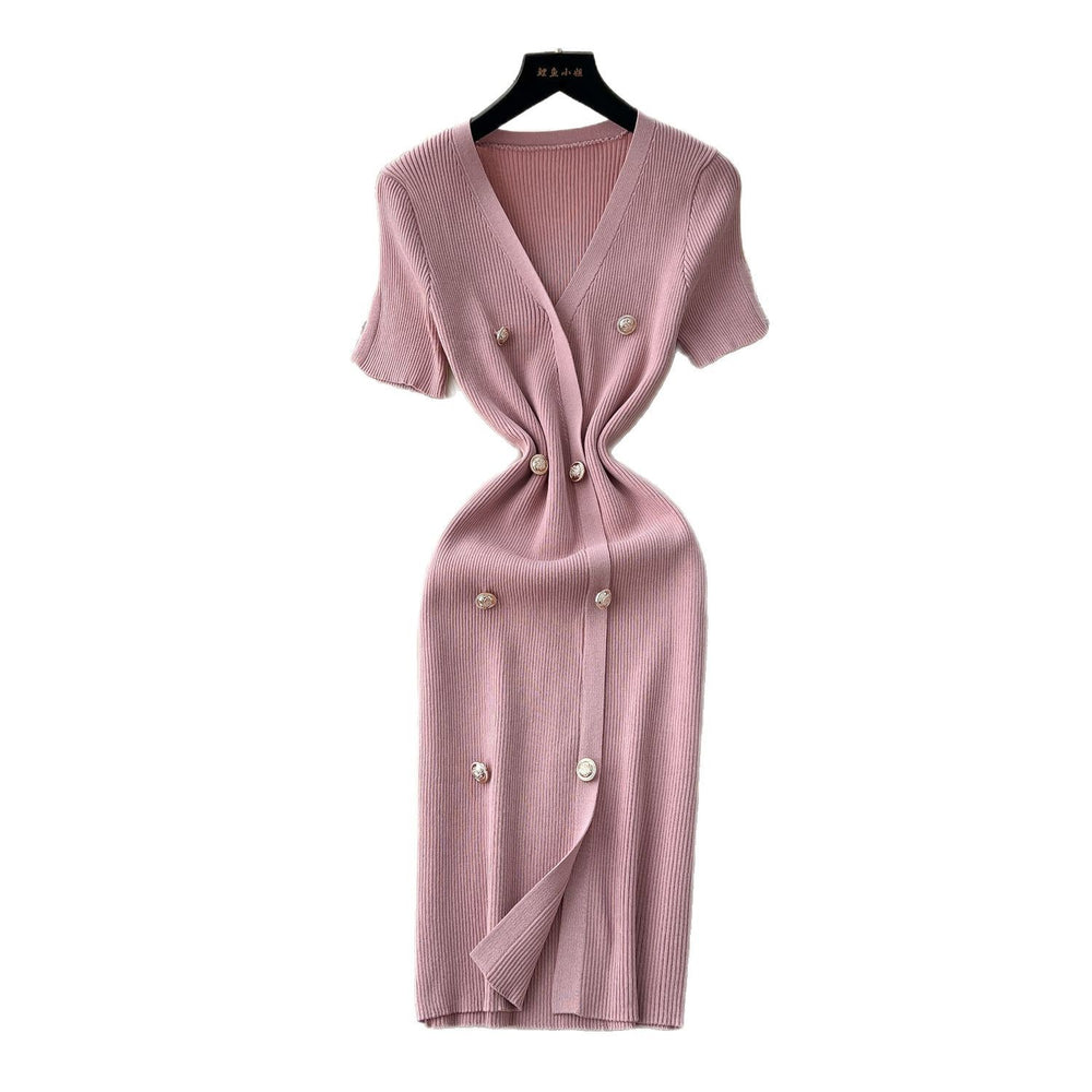 Elegant chanel-inspired v-neck short-sleeve double-breasted bodycon knit dress - women's summer slim-fit midi dress