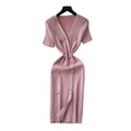 Elegant chanel-inspired v-neck short-sleeve double-breasted bodycon knit dress - women's summer slim-fit midi dress