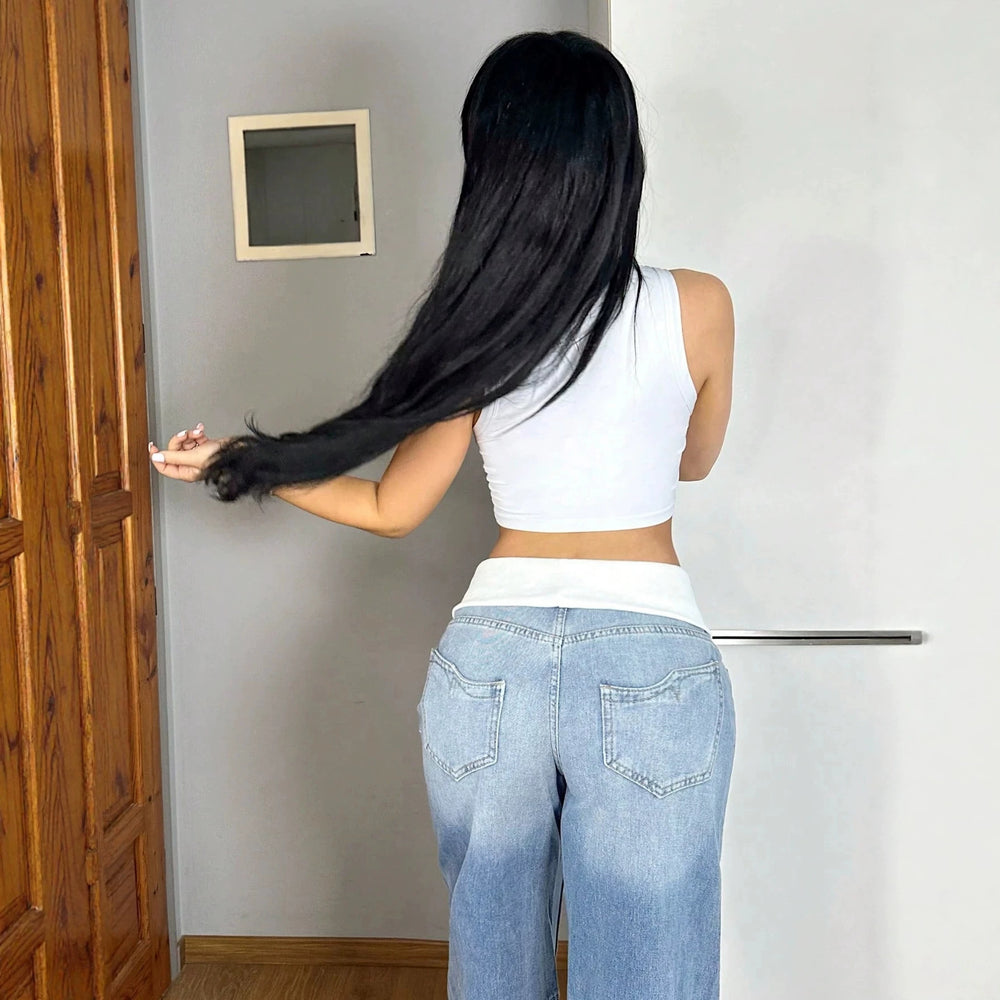 Fashionjeans women's patchwork design wide-leg jeans low-waist cuffed waist drapedslimming lookmoppants