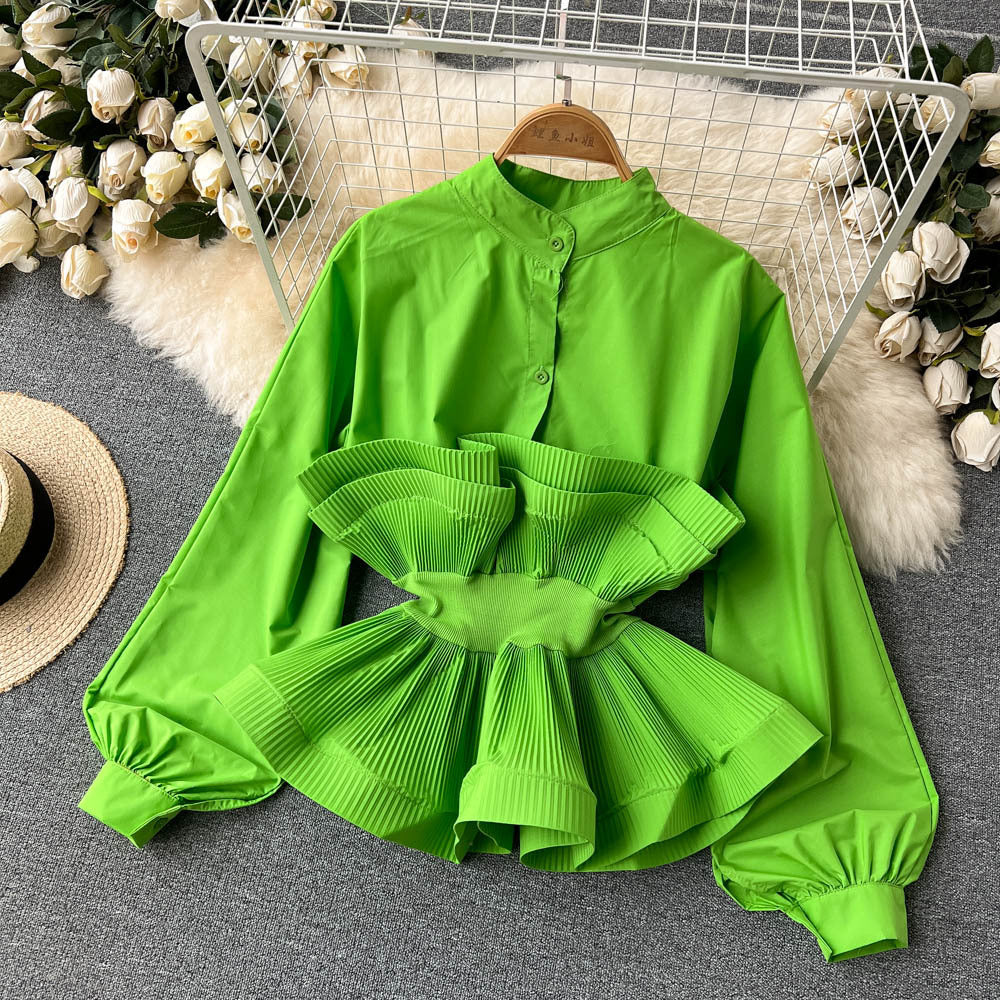 Long sleeves shirt for women sense of designniche style stereo pleated ruffles waist slimming lookeleganteasiest for match spring clothingtops for women