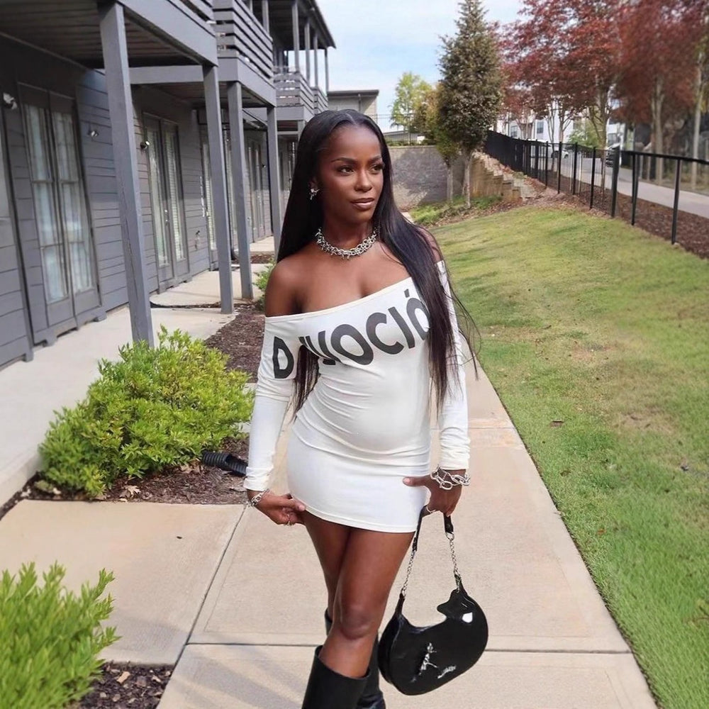fashionnew arrival american pure desire stylish hot girl style niche styleletter slanted shoulder off-shoulder long-sleeved dress women's clothing