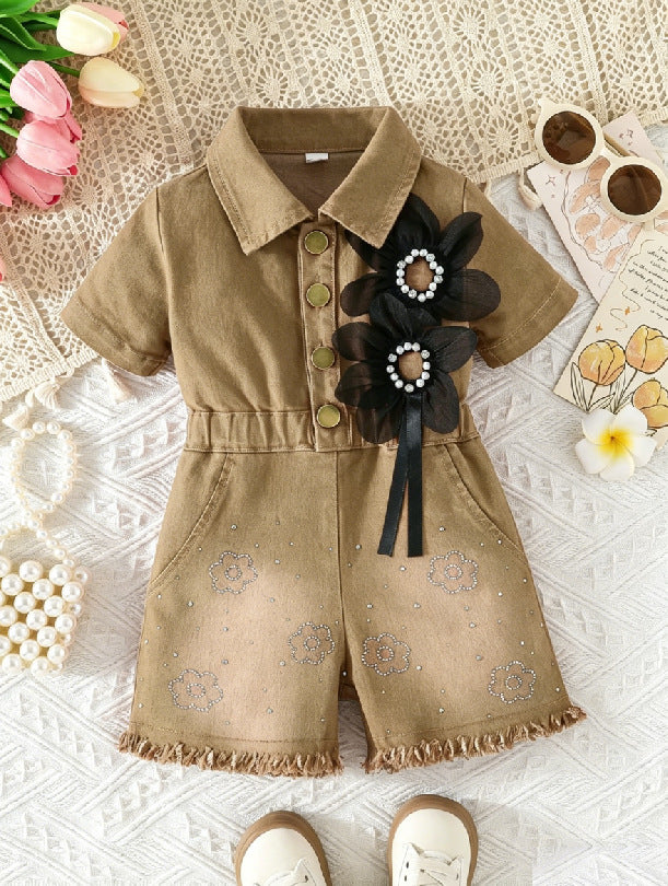girls' denim jumpsuit - short sleeve, turn-down collar, cinched waist, pearl and floral embellishments, girls' cargo pants style