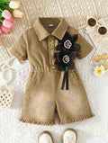 girls' denim jumpsuit - short sleeve, turn-down collar, cinched waist, pearl and floral embellishments, girls' cargo pants style