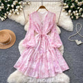 French riviera style pink floral v-neck dress - women's summer korean style long sleeve a-line dress with slimming waist design