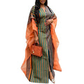 African ethnic striped dress - loose sleeve v-neck drawstring patchwork design bubu robe dress