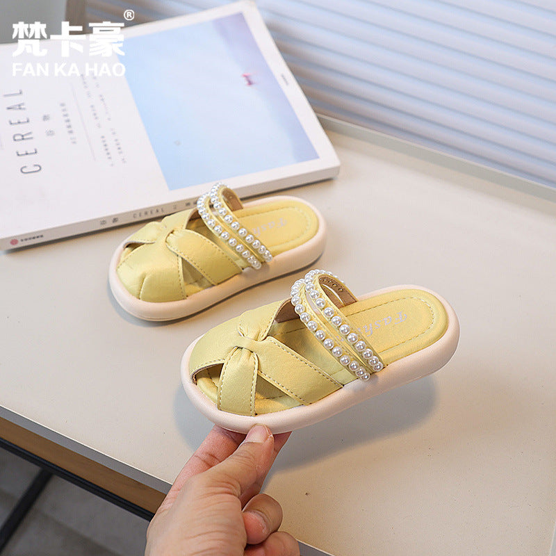Vancahao  summer new korean style girls' fashion pearl sandals - outdoor flat closed-toe beach slippers