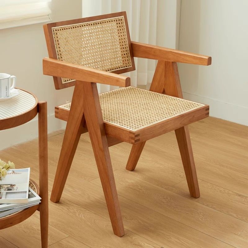 Nordic chandigarh rattan chair solid wood dining chair for home restaurant dining table chair stool armrest back chair rattan chair