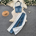 Hong kong style retropatchwork denim casualtwo-piece set for women summerslimming lookhigh waistwork clothing lazy stylesuit