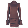 Fashion style cross-border pure color women's short casual bell sleeve hip skirt high collar silmslimming look street dress