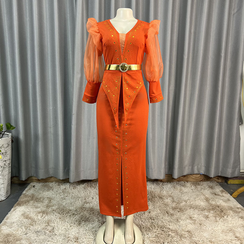 African-inspired women's slim-fit, long-sleeved, hot-fix rhinestone embellished maxi dress with bubble sleeves, suitable for cross-border e-commerce. includes belt