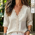 european and american cross-border beige lace patchwork top, v-neck, half-open placket, short-sleeve, loose-fit shirt - wholesale for export