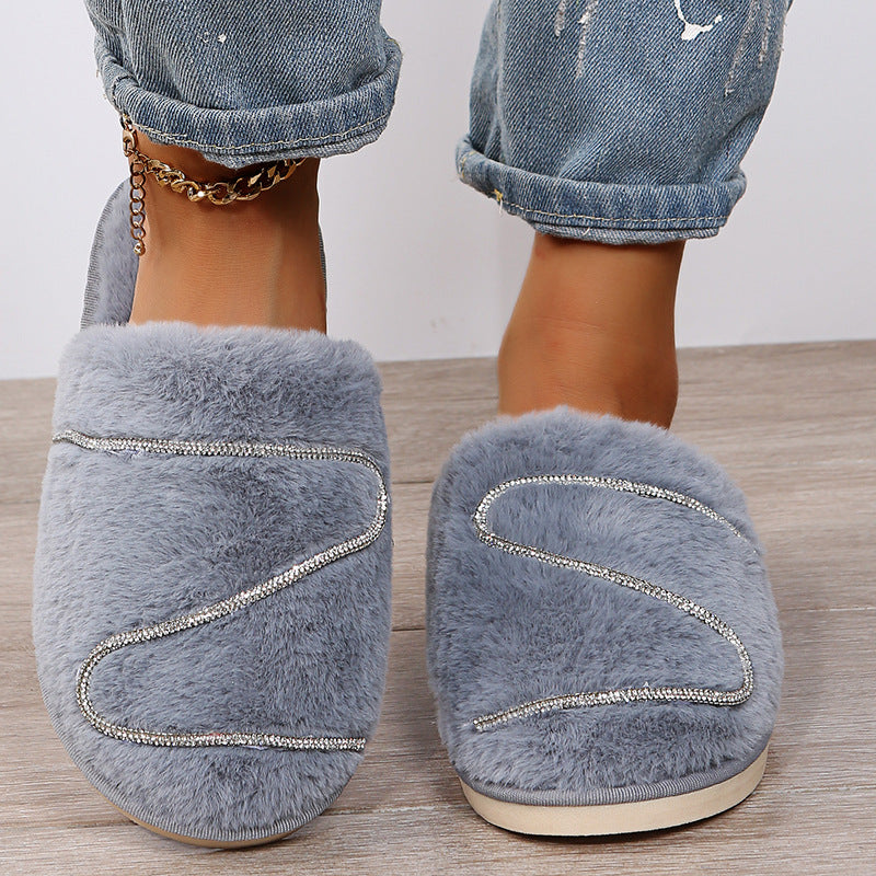 2024 fall/winter new women's closed-toe slippers rhinestone flat z-shaped fuzzy slippers indoor/outdoor fleece-lined cotton slippers