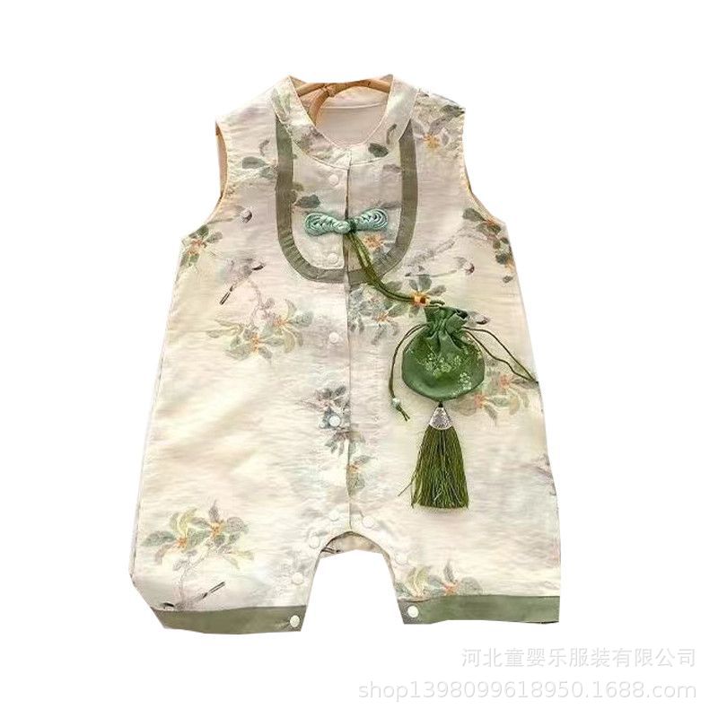 Summer chinese style romper for infants and toddlers - sleeveless, wide shoulder, newborn bodysuit - perfect for baby boys and girls, full month celebration, and crawling outfits