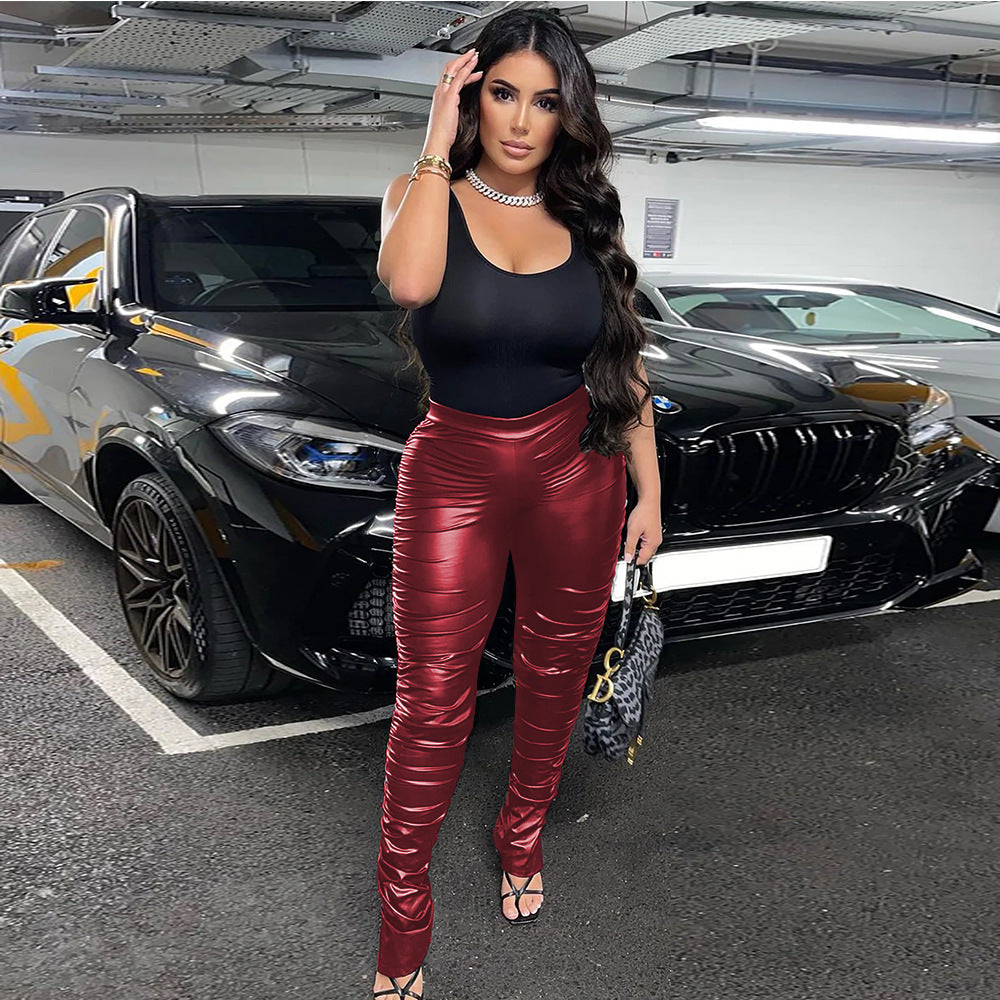 Fashionins style pu leather pants for women cross-border popular pile pants high waistpants leather pants female sexy tight fashion