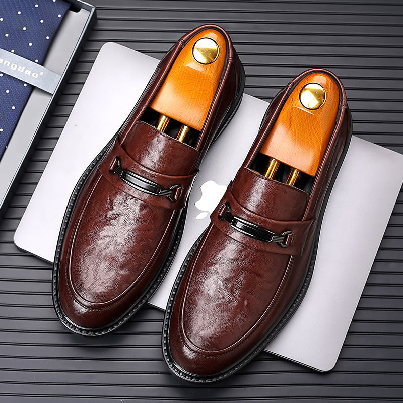 Men's low-top loafers - slip-on round toe dress shoes for business, work, and weddings - textured leather