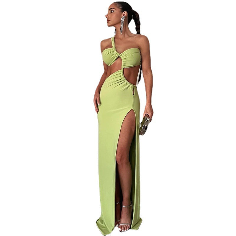 Fashion style oblique shoulder dresspure color pulloversexybackless evening dress long socialite style slit skirt export