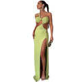 Fashion style oblique shoulder dresspure color pulloversexybackless evening dress long socialite style slit skirt export