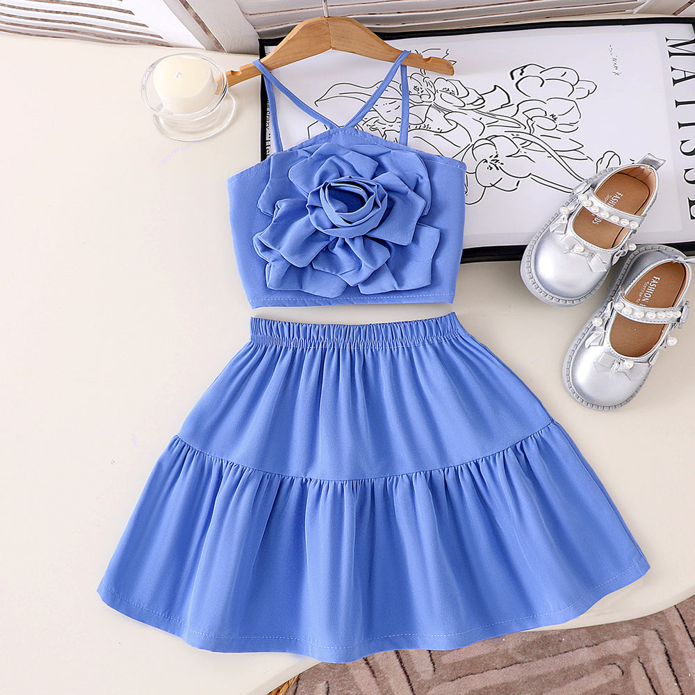 Children's clothing  fashion children's clothing blue suspender tops + skirt girl cross-border new