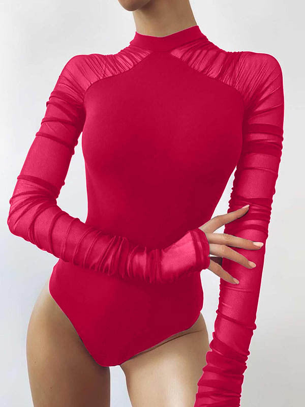 European and American autumn new women's clothing semi-turtleneck fashion mesh stitching long-sleeved slim-fit Spice Girl one-piece solid color bottoming shirt