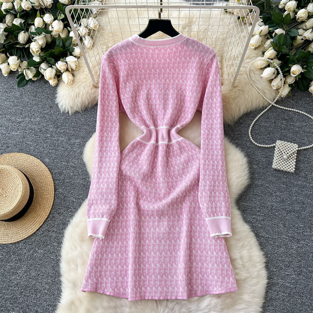 Autumn winternew arrival tweed style round neck pearl button waist contrast colorknittingdress women's long sleeveshigh waista-line skirt