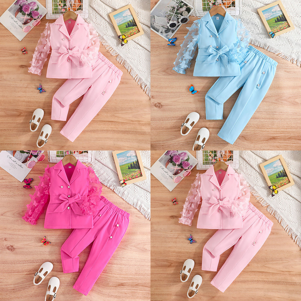 fall/winter new girls' long-sleeve bowknot mesh sleeve blazer and pants two-piece set (sizes for toddlers and young children)