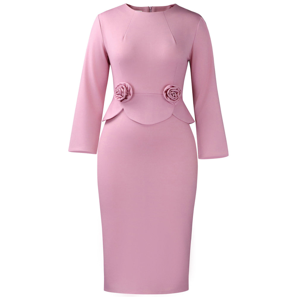 C8642 women's foreign trade dress,  autumn/winter new collection, fashionable round neck long sleeve solid color 3d floral european and american style dress