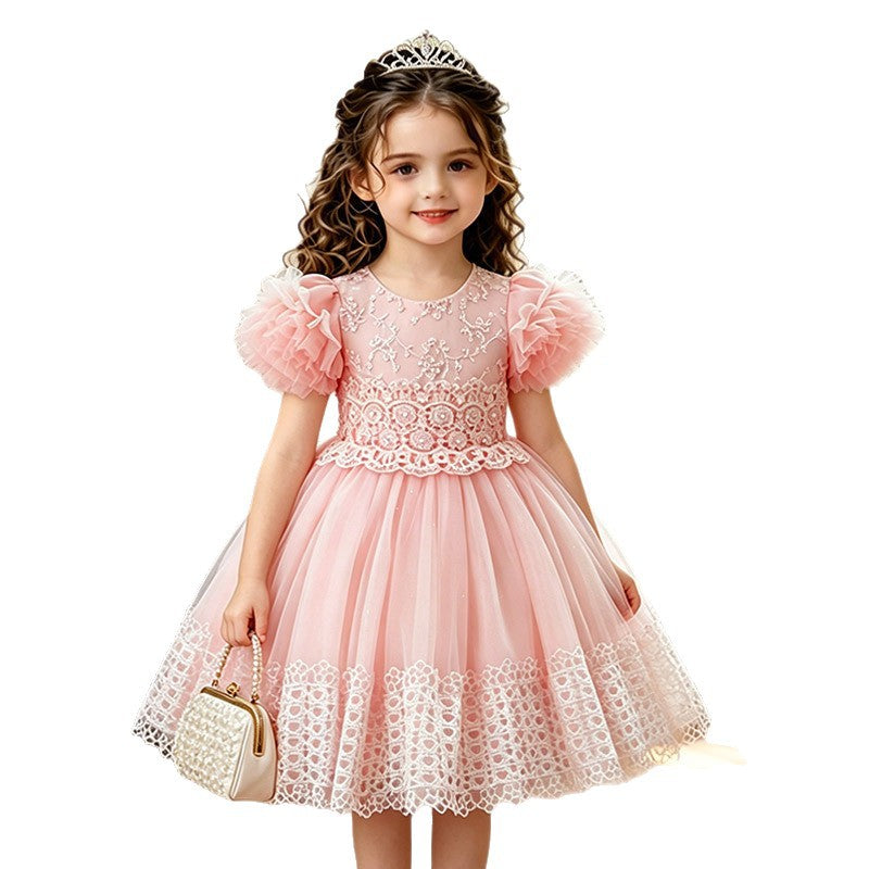 Girls' dress  new sweet style tutu princess dress short sleeve tulle knee-length children's formal dress - in stock