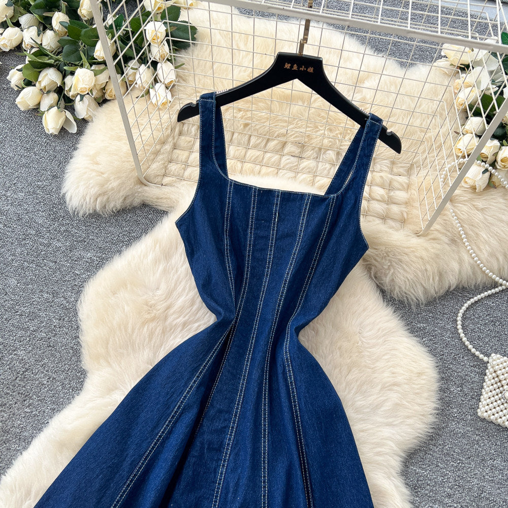 Frenchretro style denim square neck suspender dress female high waist casuala-line skirt slimming look large swing work clothing skirt
