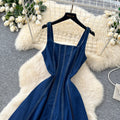 Frenchretro style denim square neck suspender dress female high waist casuala-line skirt slimming look large swing work clothing skirt