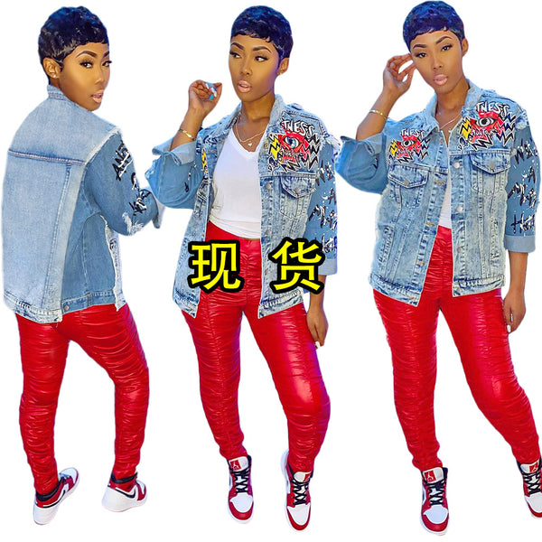 S390188 spot  women's clothing   wholesale trendy casual printing denim jacket women