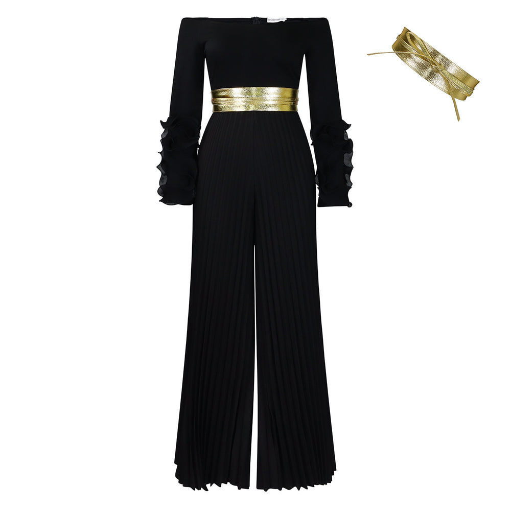 C8611   new fashion one-shoulder ruffle sleeve solid color pleated wide-leg african jumpsuit