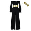 C8611   new fashion one-shoulder ruffle sleeve solid color pleated wide-leg african jumpsuit