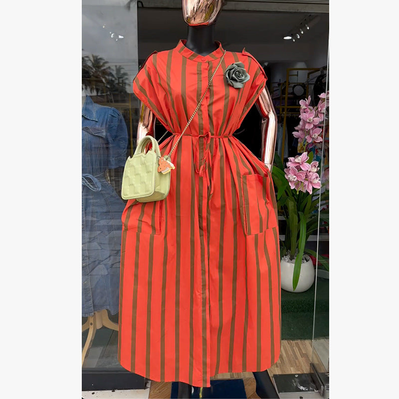 European and american cross-border women's fashion:  spring new arrival - stylish and elegant striped tie-waist pocket short-sleeve midi dress