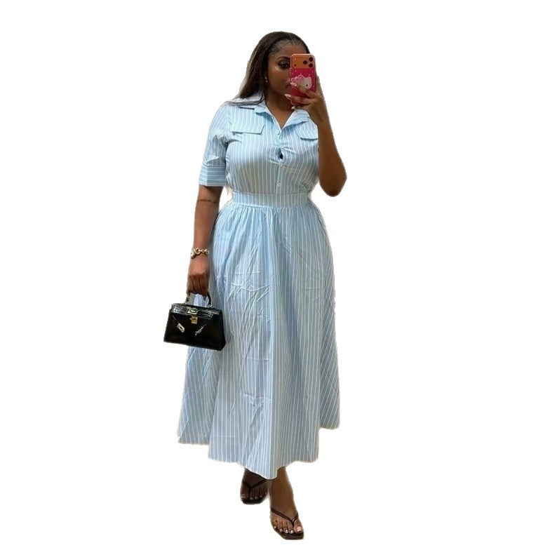 European and american cross-border women's fashion:  summer new collection - stylish turn-down collar striped short-sleeve shirt and high-waisted midi skirt set